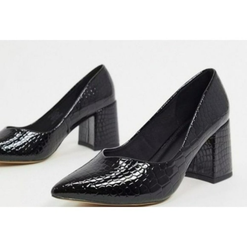 ASOS Design Women's Black Mock Croc Faux Leather Block Heel Court Shoes Size 7